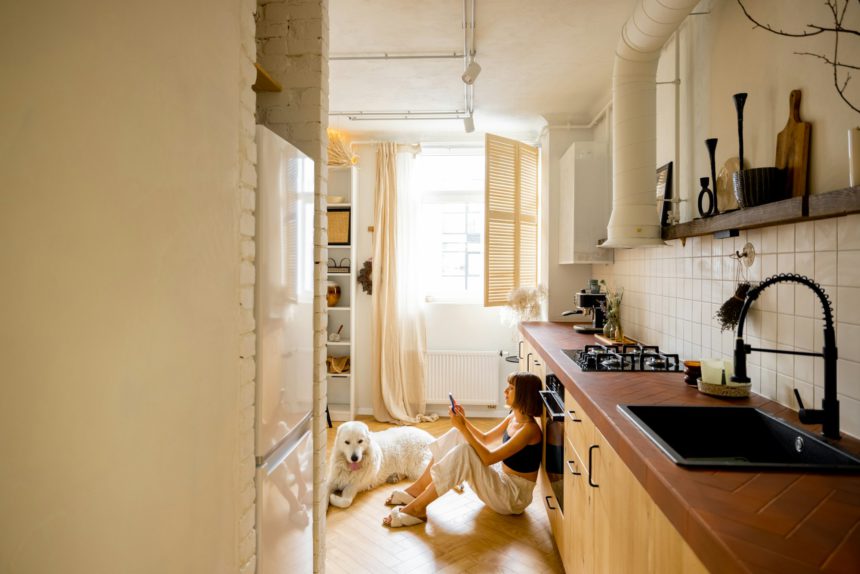 Woman with dog in modern and stylish kitchen